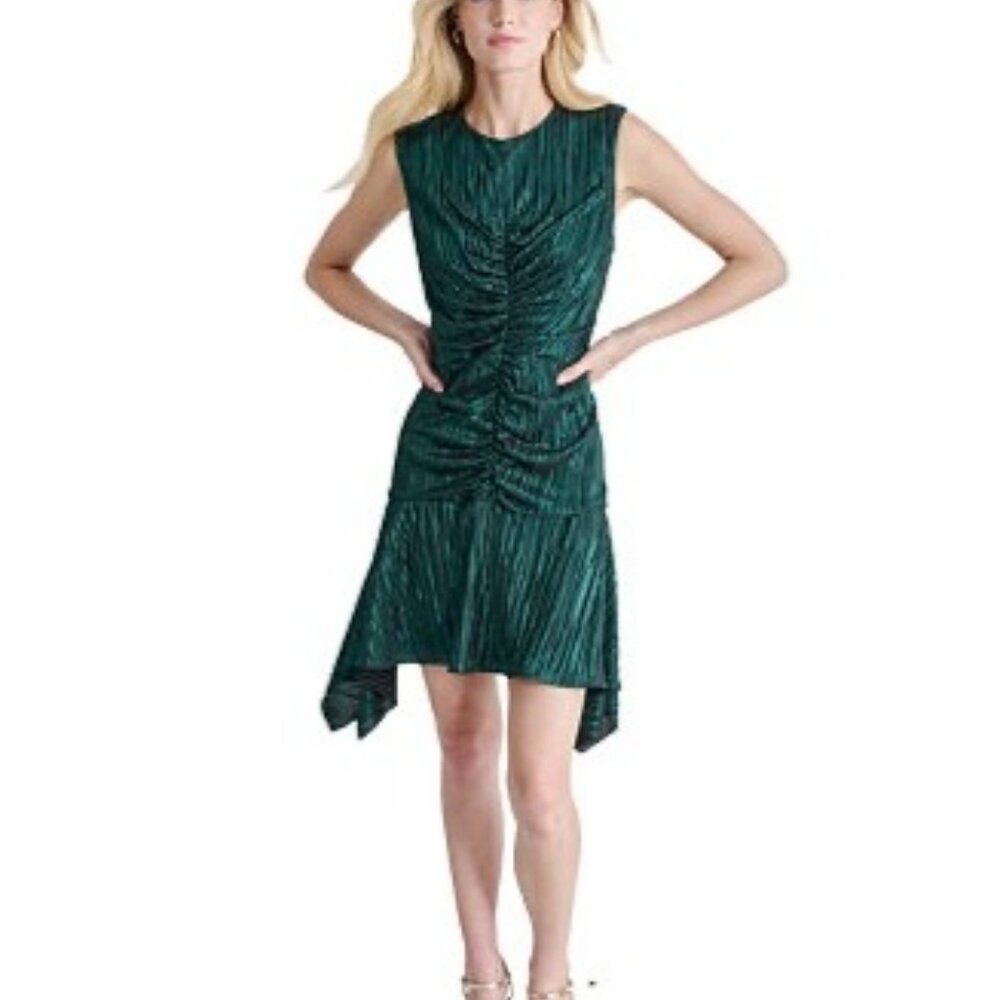 DKNY Green Pleated Sleeveless Dress NWT W/ Ruched Waist & Asymmetrical Hem Size